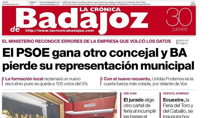 Esta es la portada de LA CRÓNICA DE BADAJOZ correspondiente al día 30 de mayo del 2019