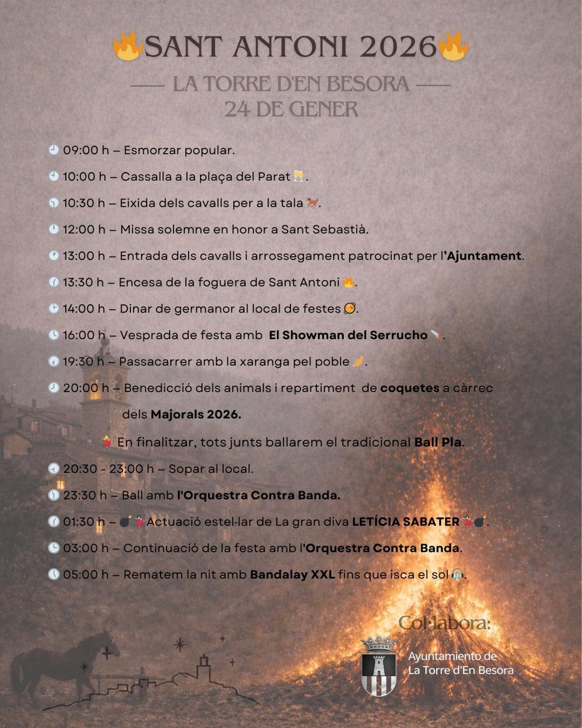 Agenda de actividades por Sant Antoni en la Torre d'en Besora.