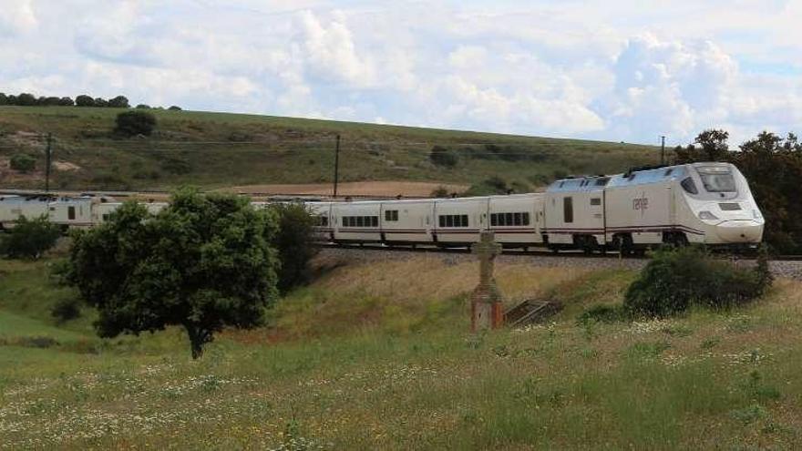 Un tren Alvia pasa por las cercanías de la pradera de Valderrey.