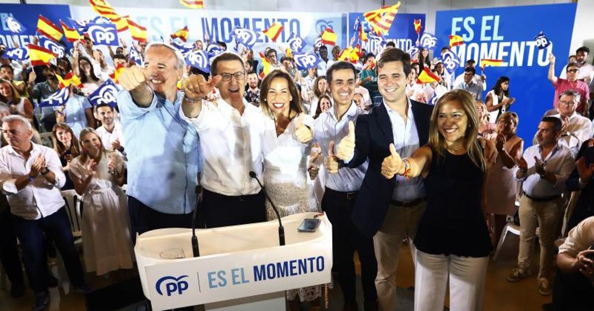 Azcón, Feijóo, Chueca, Navarro, Celma y Alós, en un mitin del PP en la campaña de las generales de 2023.