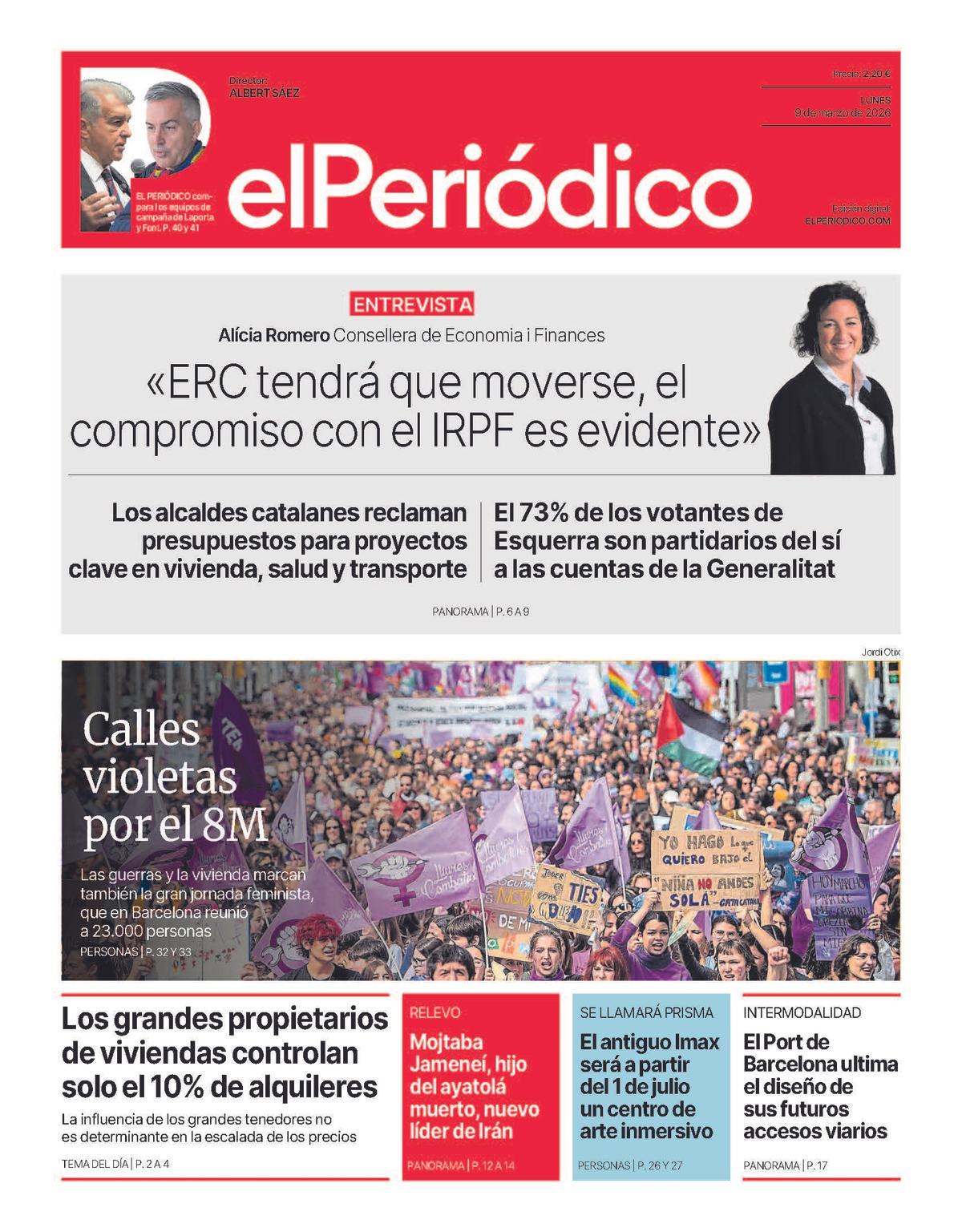 La portada de EL PERIÓDICO del 9 de marzo de 2026