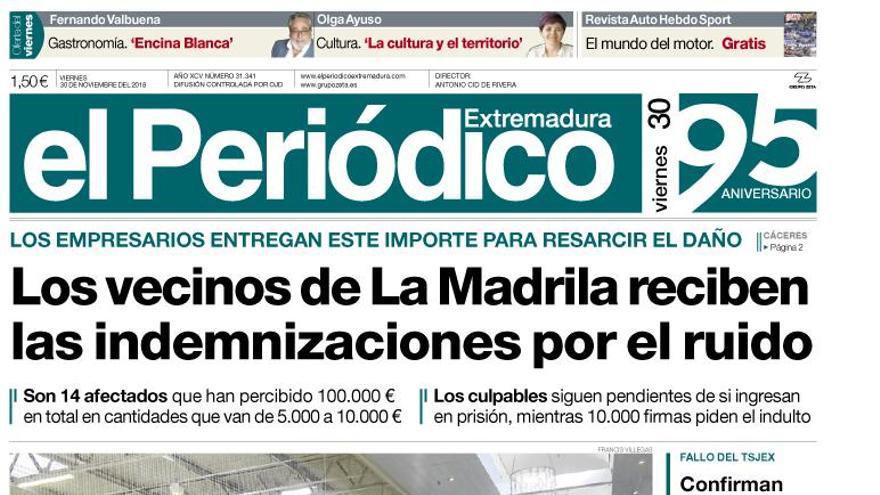 Esta es la portada de EL PERIÓDICO EXTREMADURA correspondiente al día 30 de noviembre del 2018