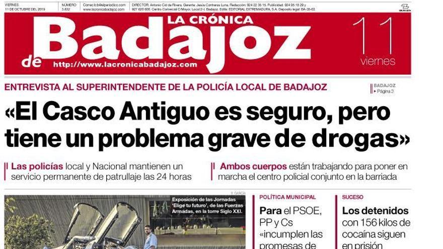 Esta es la portada de LA CRÓNICA DE BADAJOZ correspondiente al día 11 de octubre del 2019