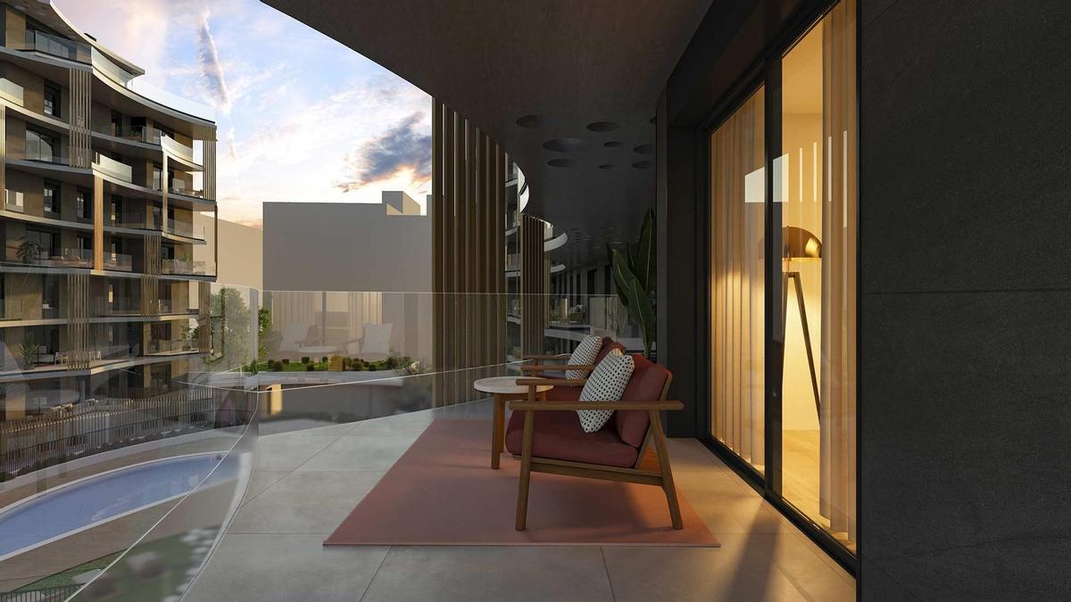 Exterior de las viviendas del residencial de lujo, con sus amplias terrazas.