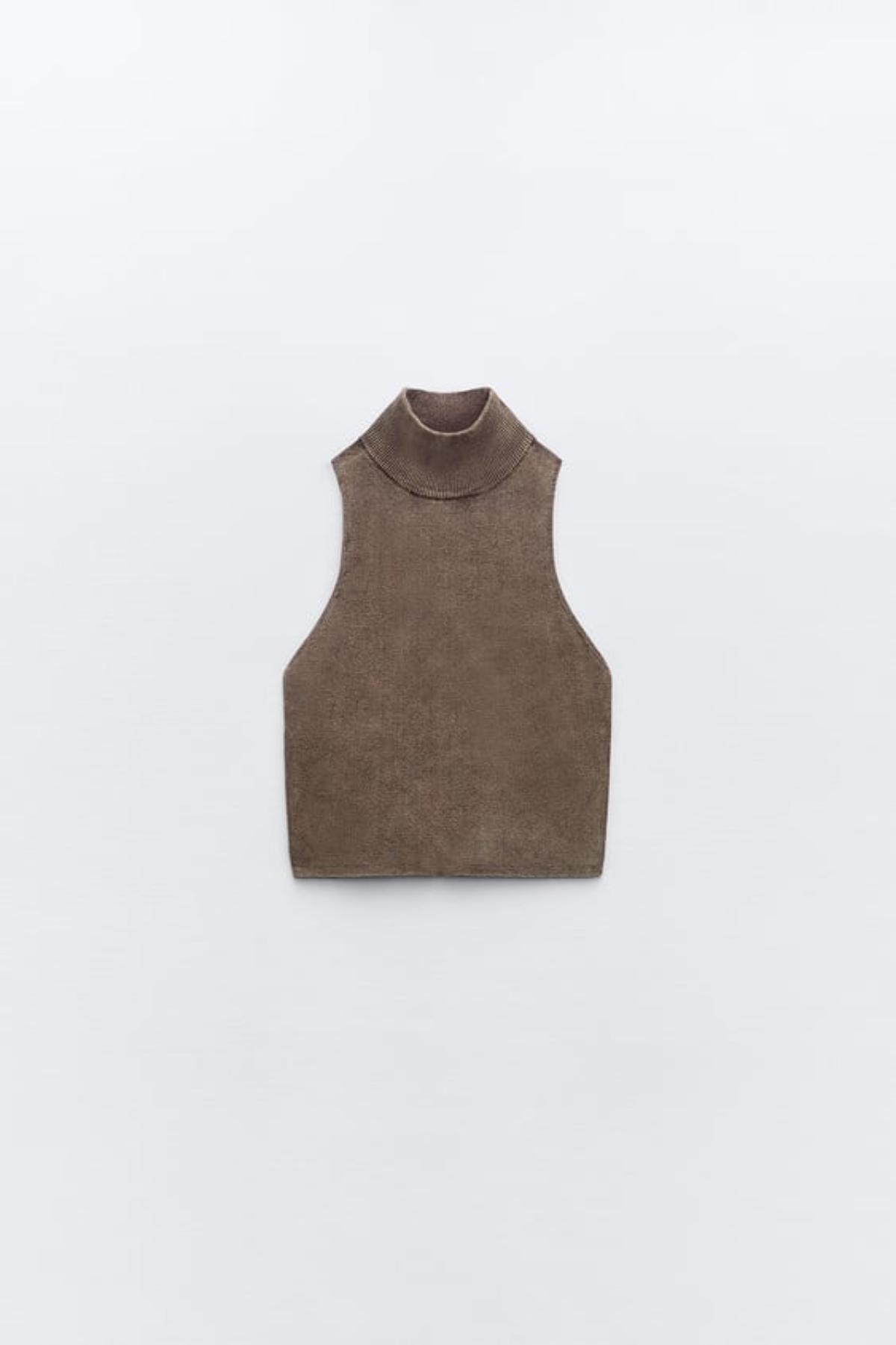 TOP CROP ACID WASH MARRÓN CUELLO SUBIDO