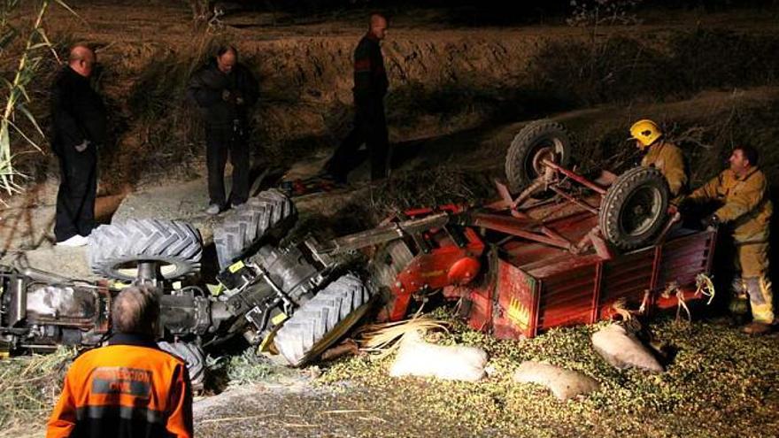 Varios bomberos contemplan el tractor y el remolque que arrastraba volcados junto al camino