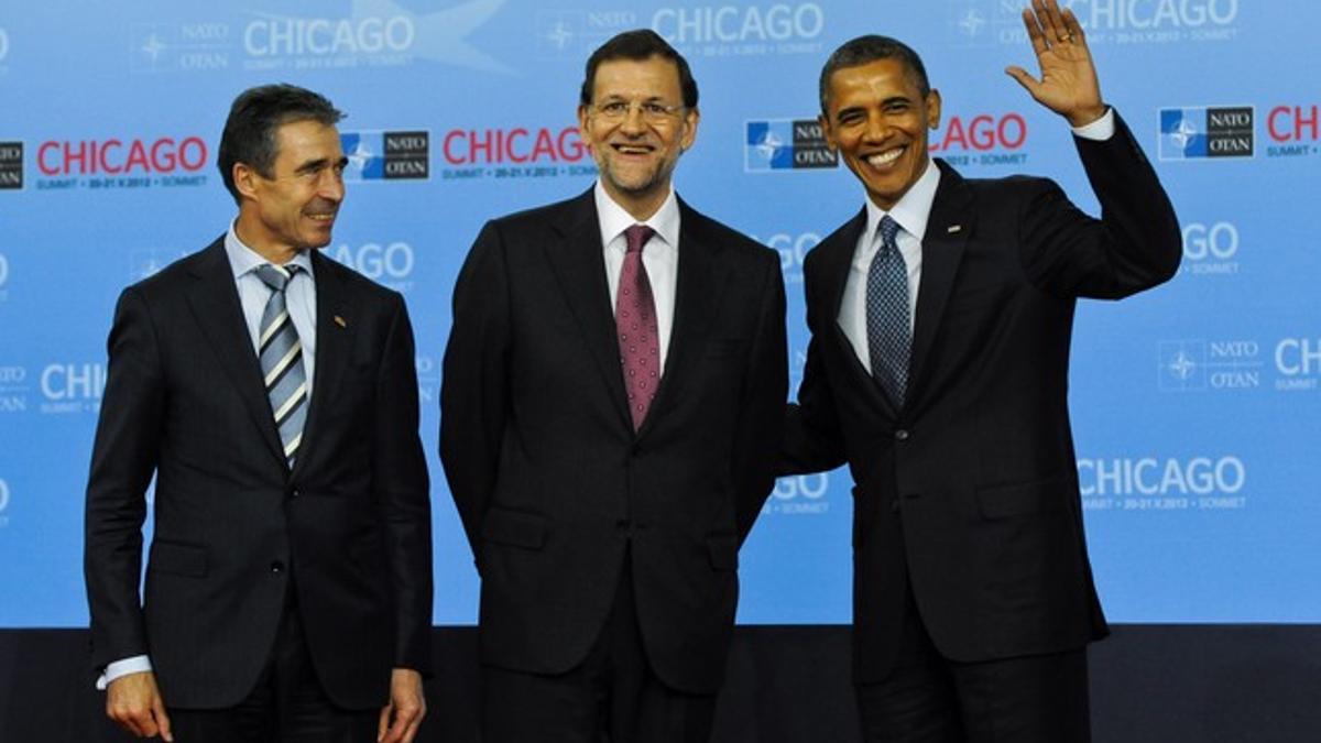 El secretario general de la OTAN, Anders Fogh Rasmussen, Mariano Rajoy y el presidente de Estados Unidos, Barack Obama, en Chicago.GO