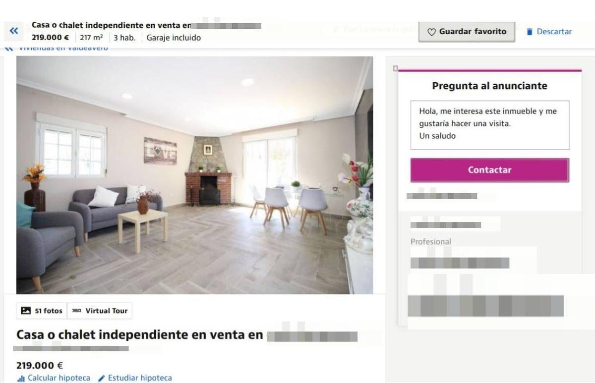 Anuncio de la vivienda en un portal de internet dedicado a la venta y alquiler de inmuebles.