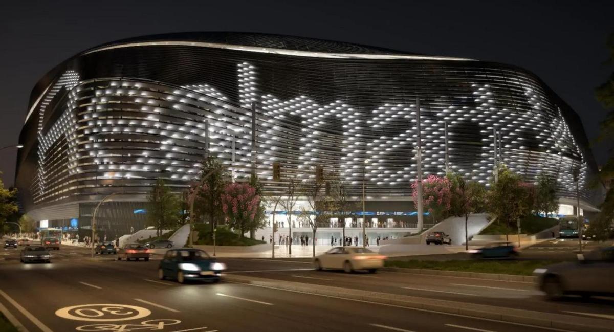 Teaser de la iluminación LED exterior del Santiago Bernabéu que empezará a funcionar esta temporada.