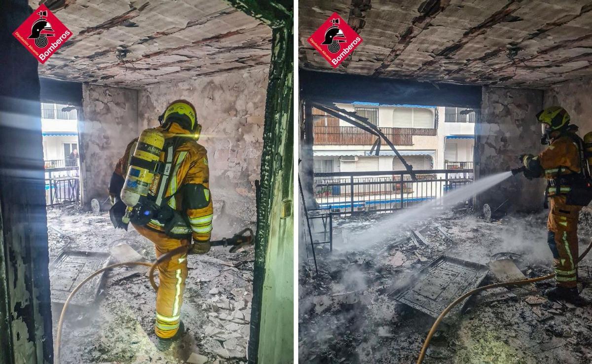 Los bomberos extinguiendo el incendio del piso de Altea.