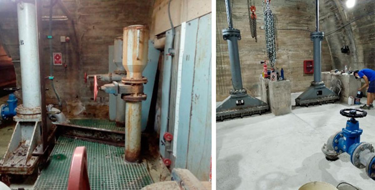 Estado de la cámara del Embalse de la Pedrera, Orihuela, tras las lluvias (octubre de 2019) y vista actual de la cámara tras las tareas de reparación (agosto de 2020)