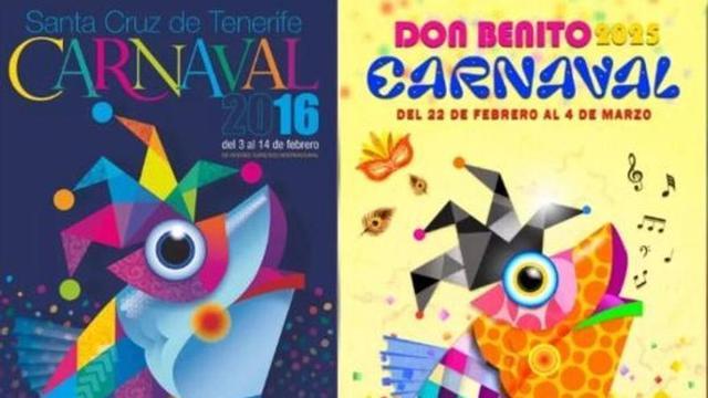 "El plagio es ostensible". Así concluye la Audiencia Provincial de Badajoz la comparativa de los carteles de carnavales de Santa Cruz 2016 (izq.) y Don Benito 2025.