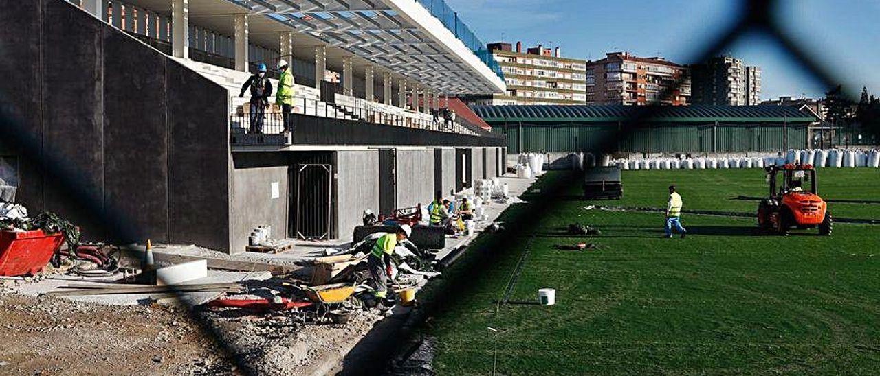 Los trabajadores, en las gradas del nuevo Ferrota, ayer. | Mara Villamuza