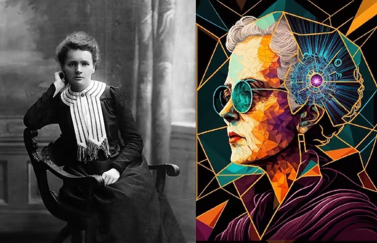 Retrato de Marie Curie junto a su imagen reinterpretada en el proyecto Mujeres de vanguard-IA