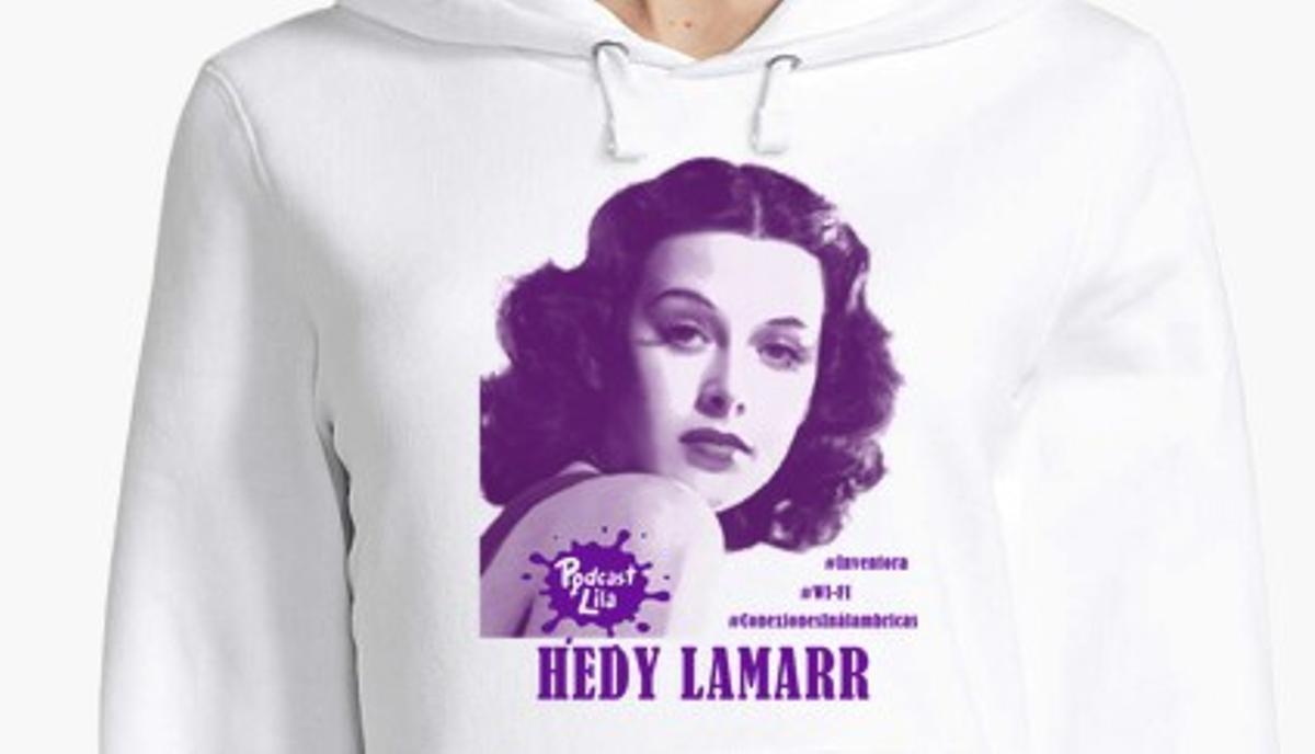 Detalle de la sudadera dedicada a la actriz e inventora Hedy Lamarr.