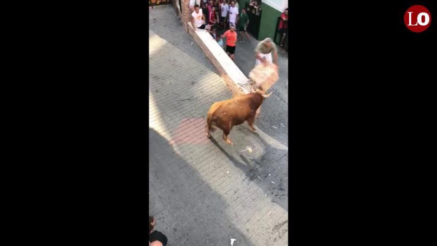 Un toro derriba una balaustrada de una cornada en Moratalla