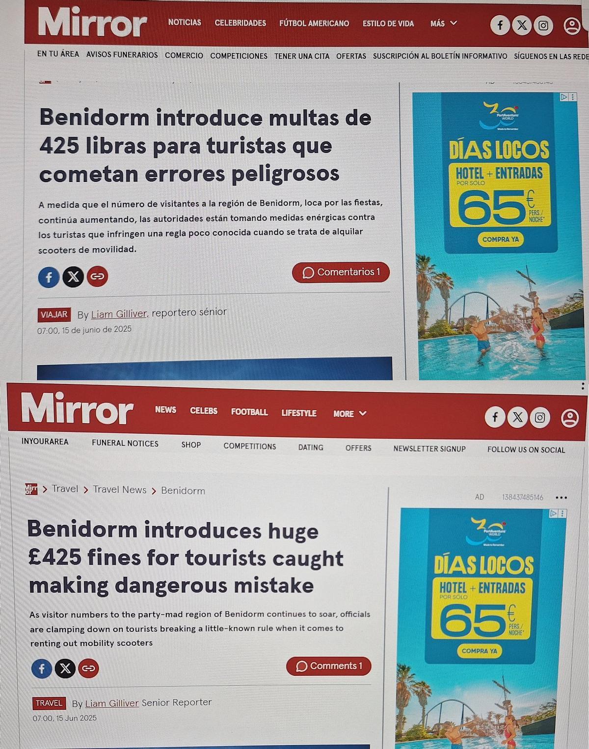 La noticia del Mirror traducida y en inglés.