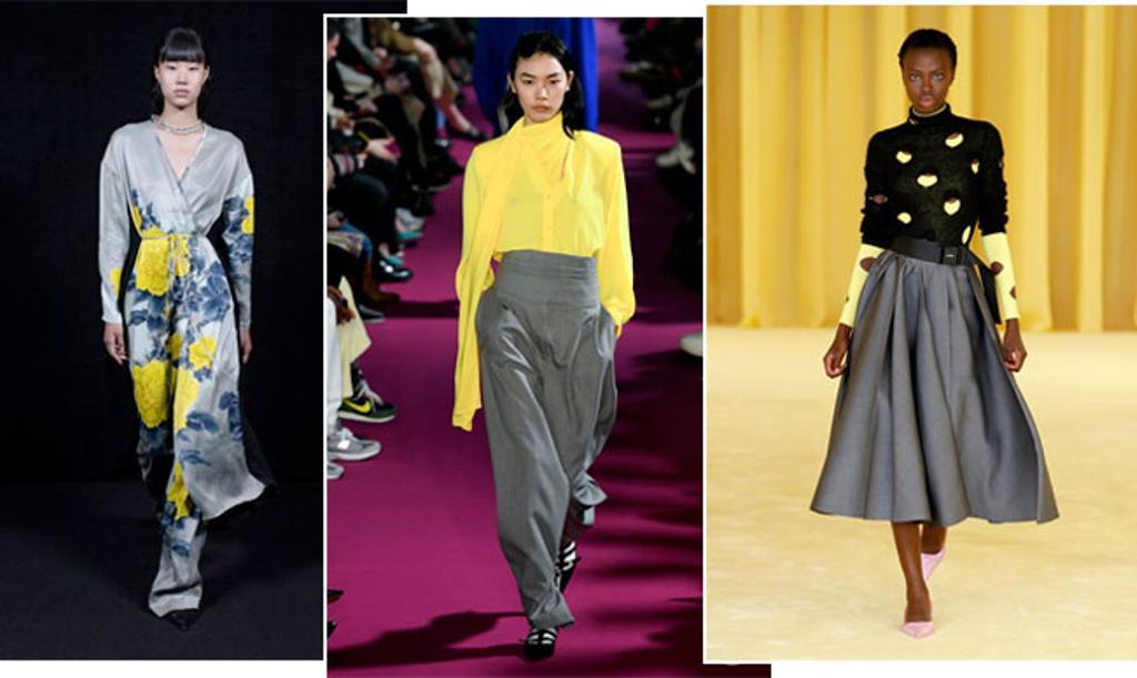 Gris y amarillo, colores Pantone 2021, en la pasarela: Act nº1 p/v 2021, Issey Miyake o/i 2020-2021 y Prada p/v 2021. 