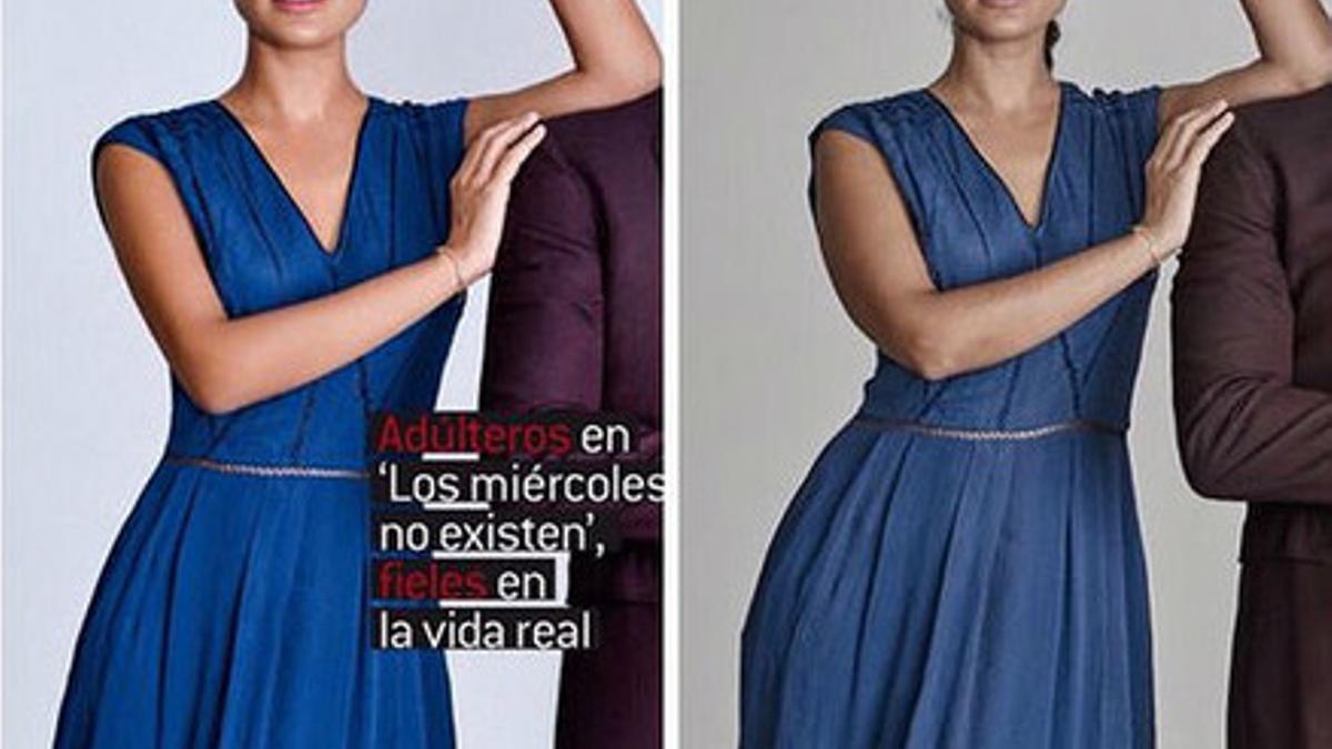 Inma Cuesta en las imágenes de la polémica: a la izquierda, en la portada de 'Dominical', a la derecha, la fotografía original para la que la agencia pidió correcciones.