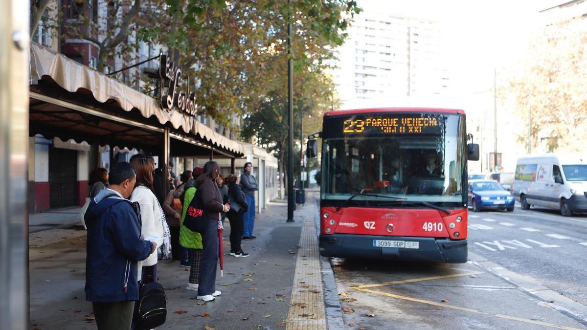 Un grupo de viajeros espera la llegada de un autobús urbano en el paseo María Agustín de Zaragoza.