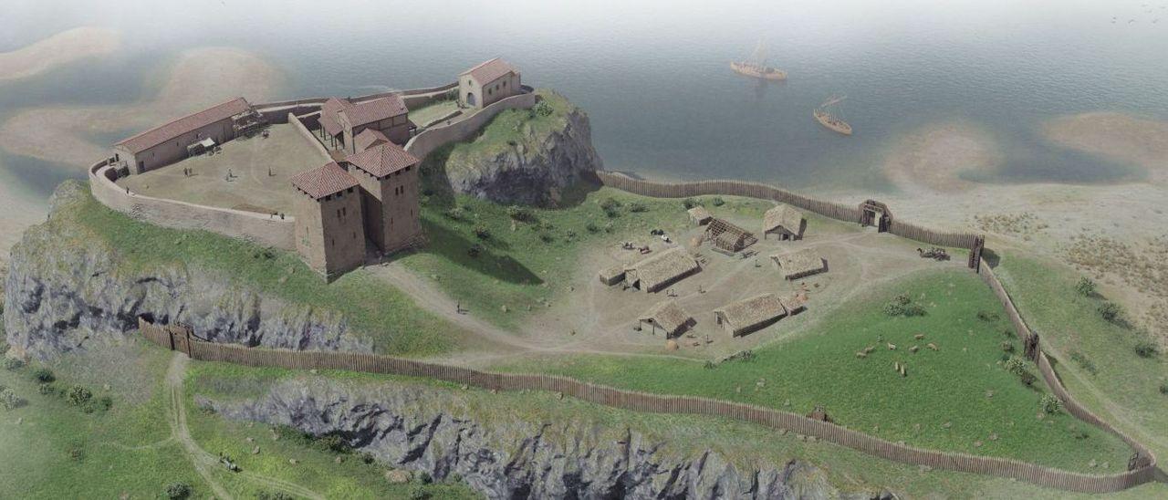 Recreación en 3D del Castillo de Gauzón, en el Peñón de Raíces.