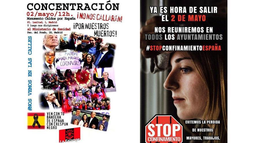 Convocatorias de la Falange y el movimiento Stop Confinamiento para salir a las calles el sábado 2 de mayo.