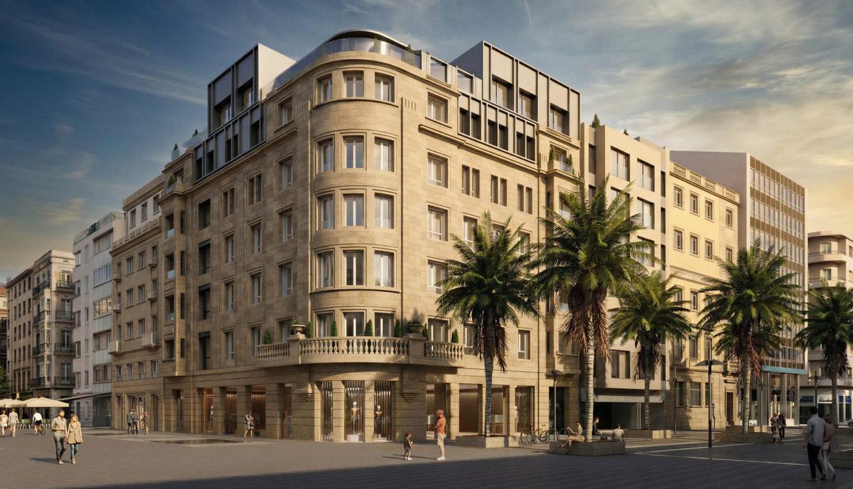 Infografía de la futura fachada del edificio en el que Inditex proyectó ubicar una tienda de Zara, y el que se habilitarán viviendas exclusivas.