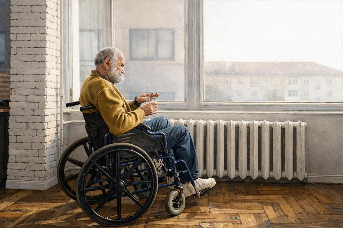 Imagen de recurso de un hombre en silla de ruedas mirando por la ventana.