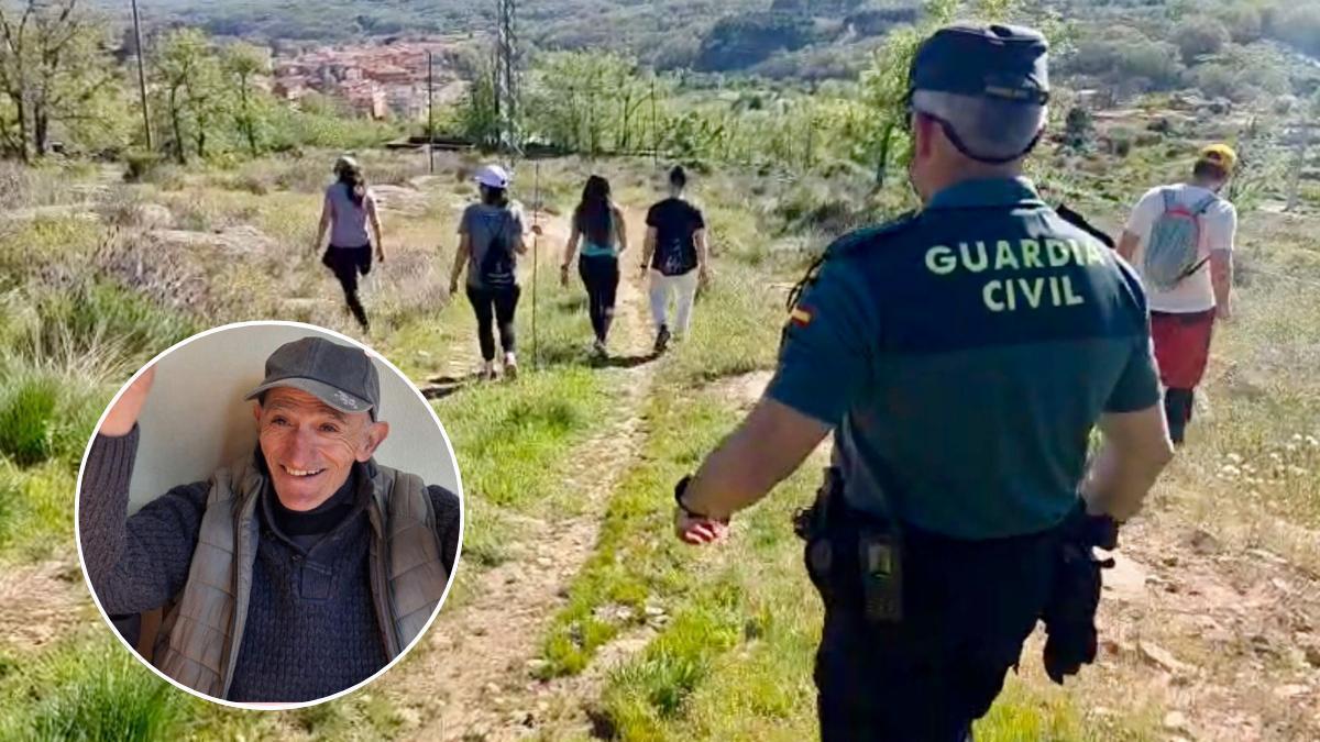 Imagen de una de las batidas y, en el círculo, el desaparecido.
