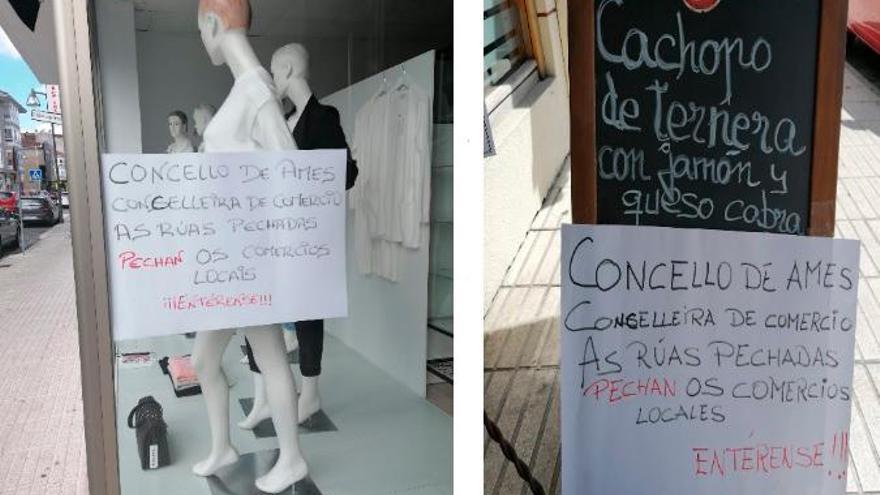 Dos de los carteles de los comerciantes de Ames exigiendo la reapertura de calles. Foto: CA