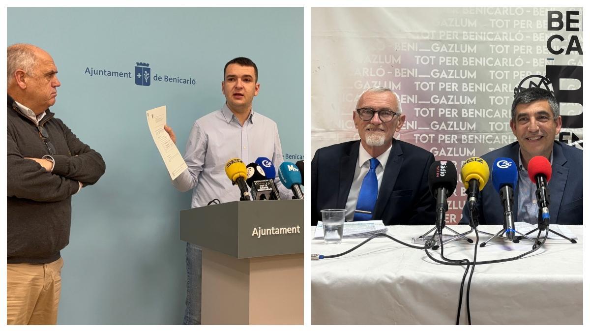 A la izquierda, rueda de prensa del PP, con el actual concejal de Urbanismo, Borja Castell (con el papel en la mano) y el alcalde, Juanma Cerdá. A la derecha, la réplica de Benigazlum, con Juan Luis Sorlí y Enrique Besalduch.