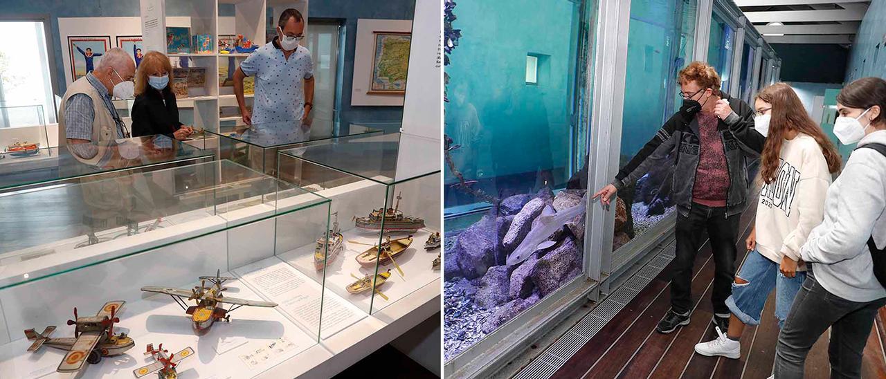 Visita de una familia a una exposición en el Museo do Mar y al acuario del mismo museo