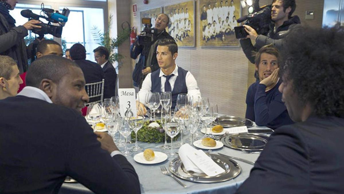 Cristiano Ronaldo este miércoles en la comida de Navidad del Real Madrid