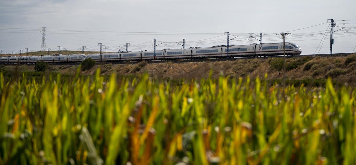 Un tren de alta velocidad de Renfe en la línea entre Barcelona y Lleida, a la altura de Alcarràs.