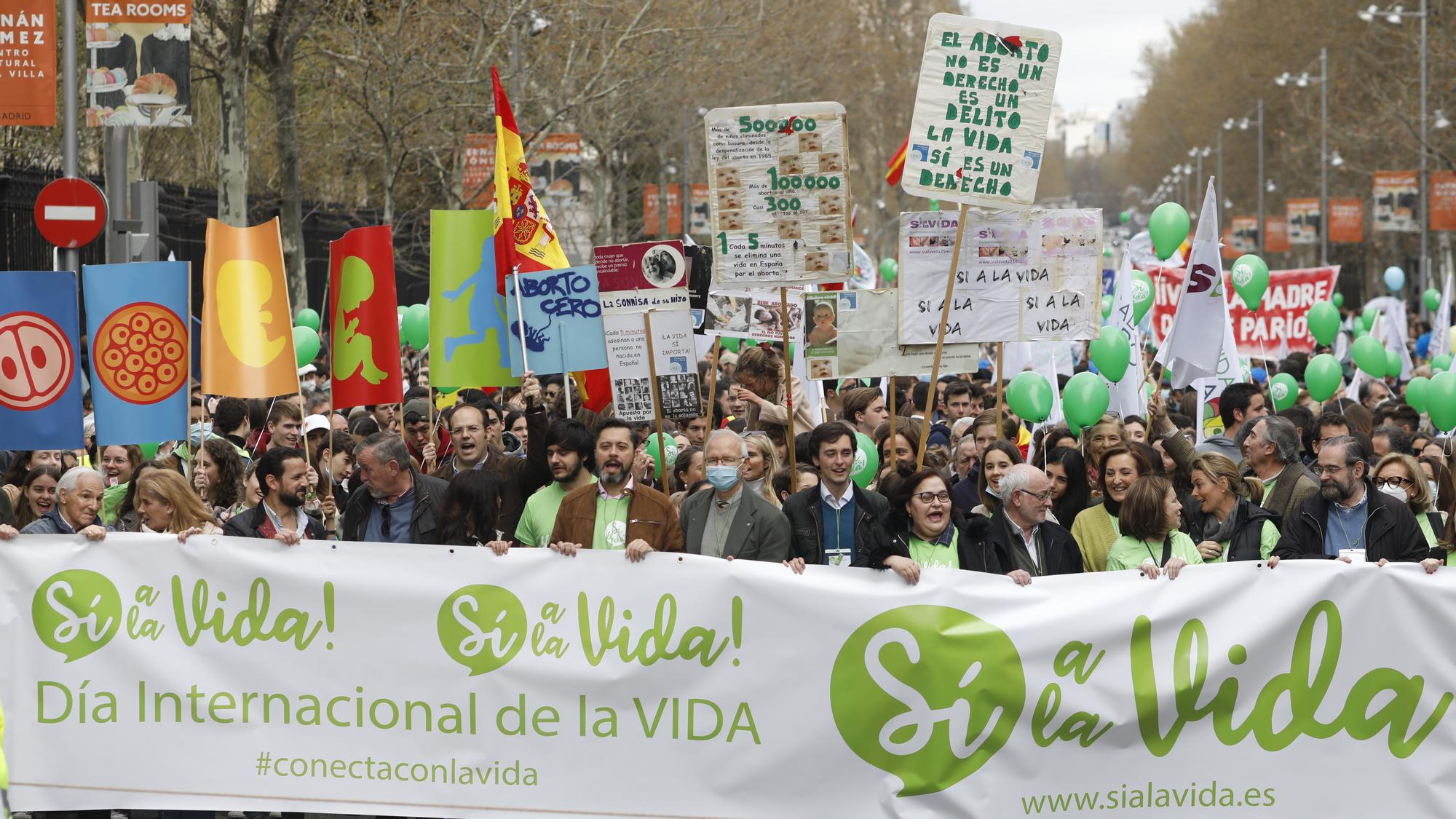 Varias personas, con globos verdes y una pancarta que reza 'Sí a la vida!', en una manifestación provida en Madrid.