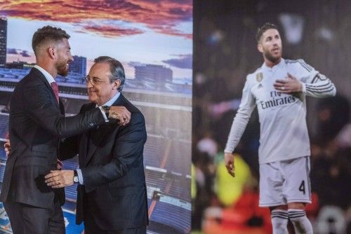Sergio Ramos (c), capitán del Real Madrid, acompañado de Pilar Rubio y Florentino Pérez, presidente del Real Madrid, durante el acto de renovación de su contrato hasta 2020 celebrado hoy en el estadio Santiago Bernabéu.