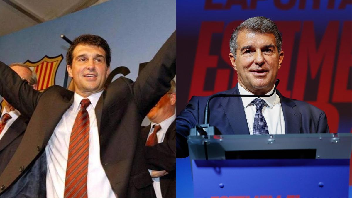 Joan Laporta en 2003, el día que ganó las elecciones, y en 2021 durante la campaña electoral