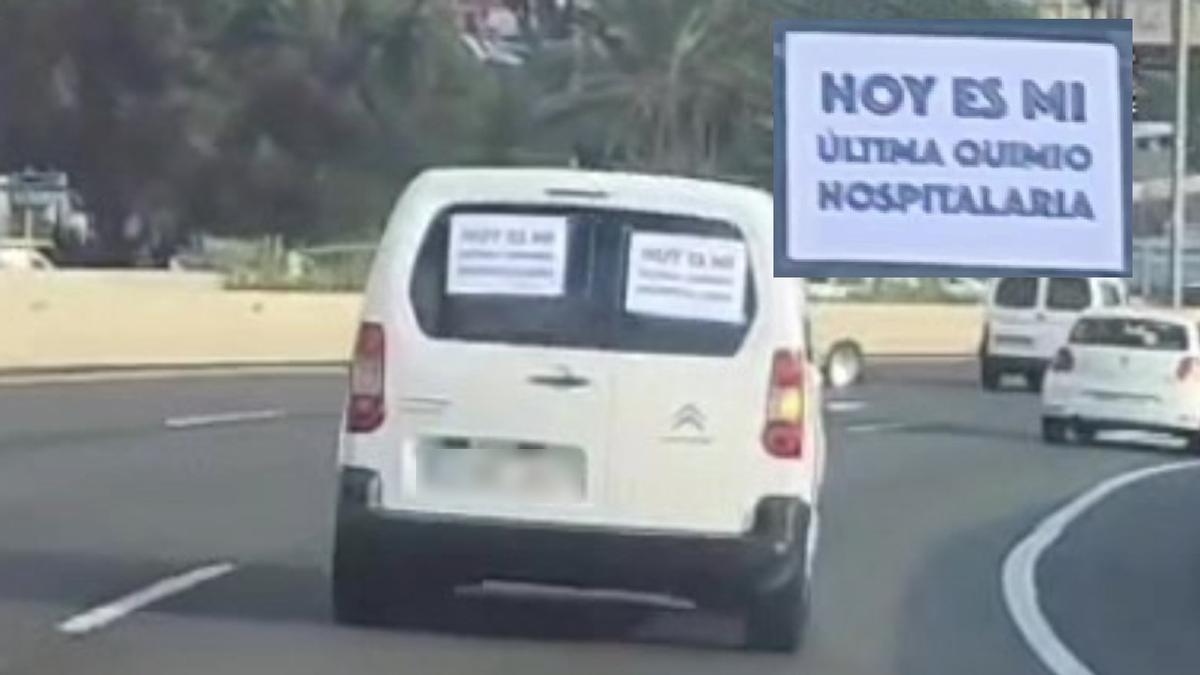 Furgoneta con los llamativos carteles celebrando la "última quimio hospitalaria"