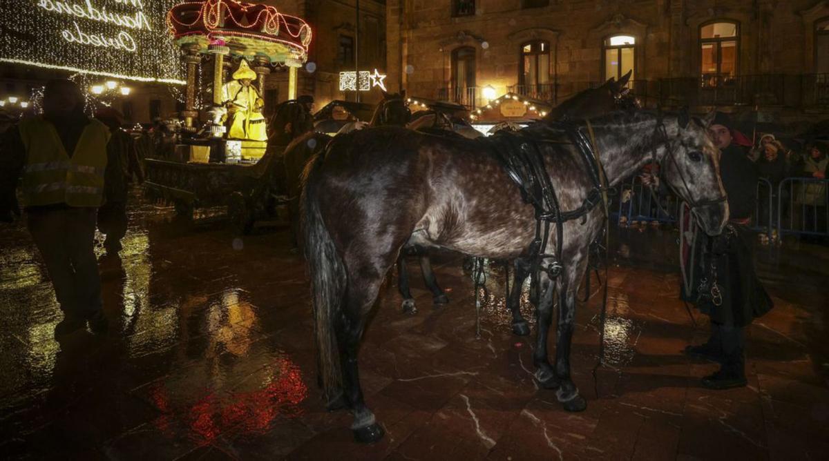 En la foto grande, la carroza de Melchor, en la calle del Águila, tirada por una cuarta de caballos del Centro Ecuestre «El Centauro».  Debajo, a la izquierda, «Castañito», en su box, en Tudela de Duero. Arriba, en primer término, «Tordito», con «Castañito» detrás, en la plaza de la Catedral. | |  I. COLLÍN