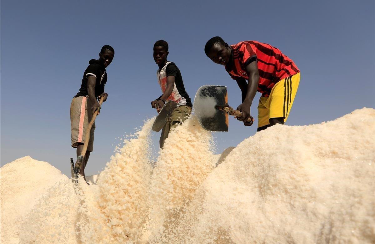 Los trabajadores preparan la sal recolectada para la yodación en una empresa de producción de sal en Ndiemou, en las afueras de Fatick, Senegal.