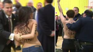 Momento en que dos activistas de Femen irrumpen en topless en el centro de votación donde ha de votar Donald Trump.