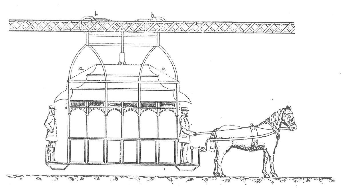 Detalle del proyecto, con una caballo tirando del tranvía colgado sobre un raíl aéreo