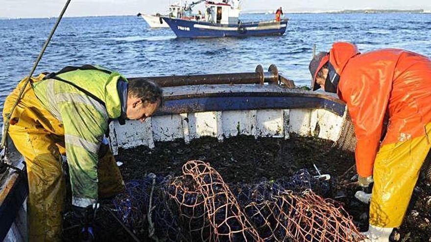 Dos pescadores recogen las redes en una jornada de trabajo.