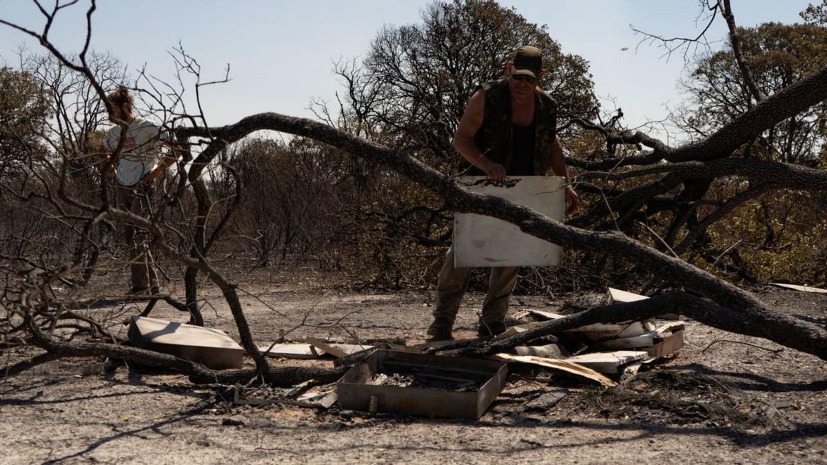 Pedro Vega muestra los restos del colmenar tras el incendio. | José Luis Fernández