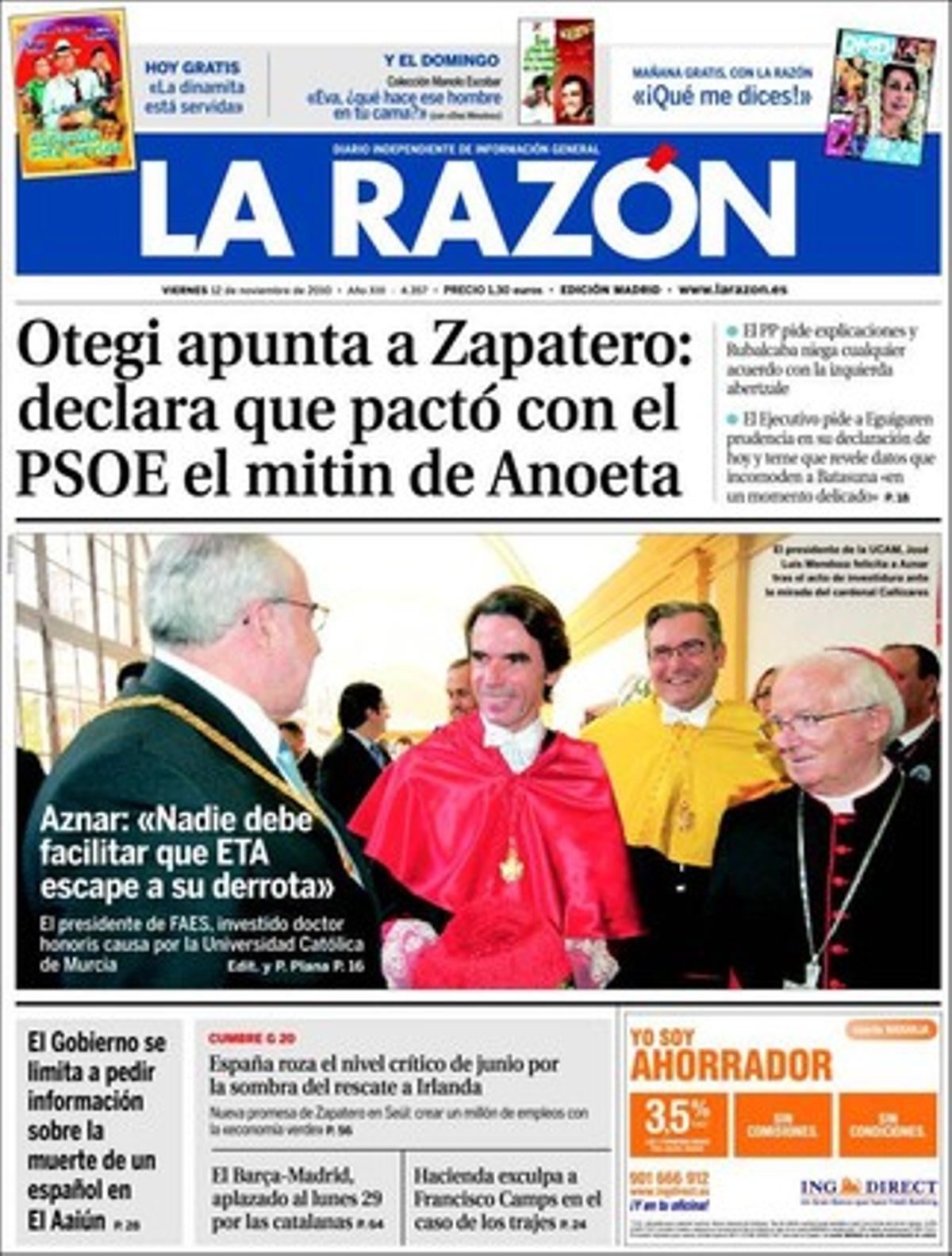 A dins ’La Razón’ dóna rellevància també al fet que la ministra de Sanitat, Leire Pajín, declara la guerra als regals de les hamburgueses.