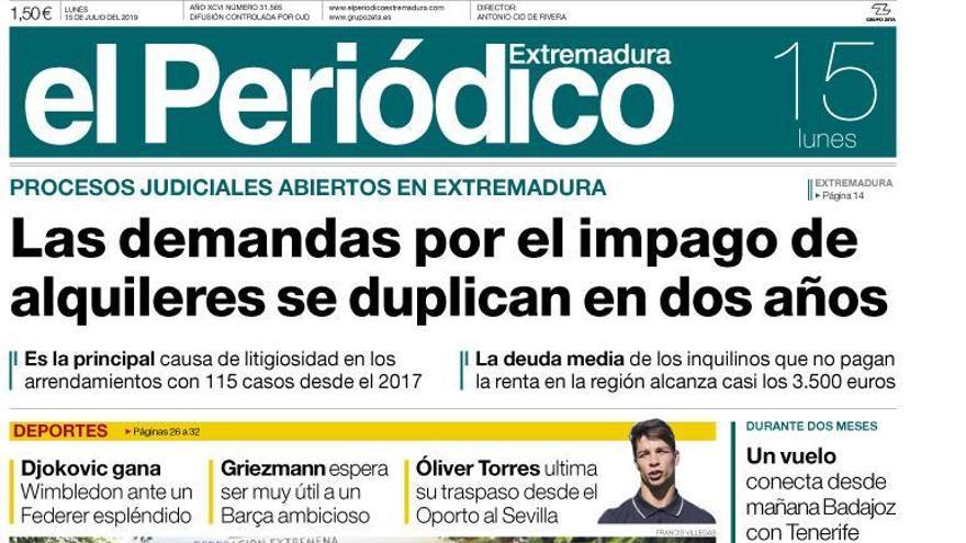 Esta es la portada de EL PERIÓDICO EXTREMADURA correspondiente al día 15 de julio del 2019