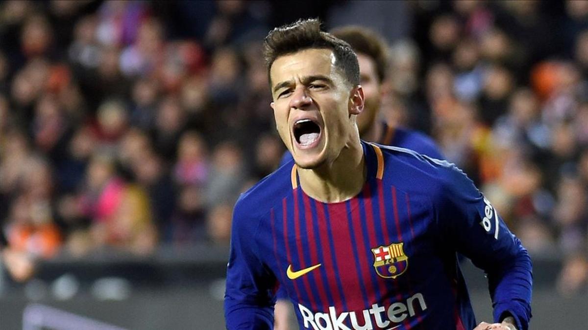 Coutinho celebra el gol que sirvió para inaugurar el marcador en Mestalla