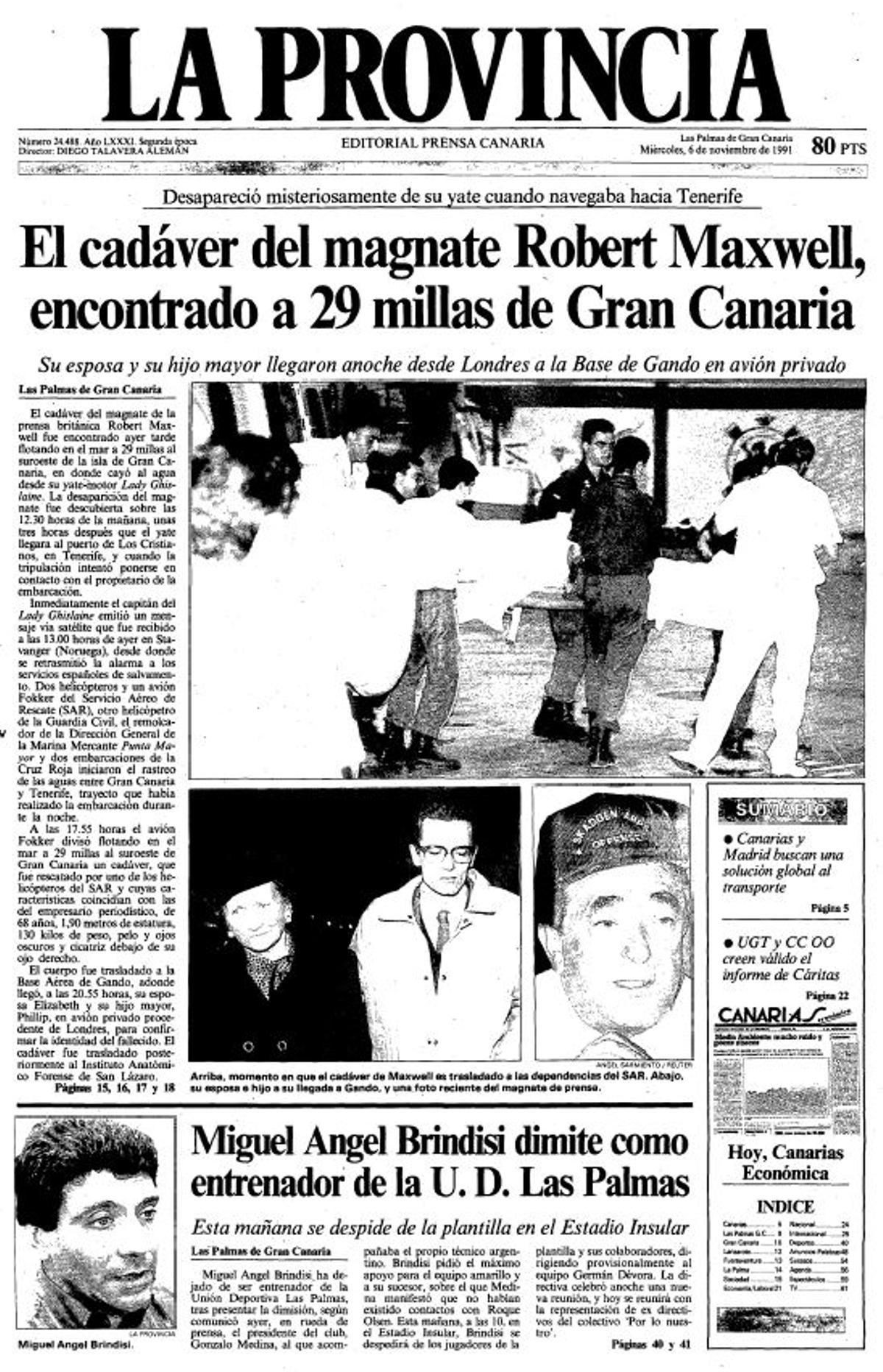 Portada de LA PROVINCIA del 6 de noviembre de 1991 con el suceso sobre la  misteriosa muerte de Robert Maxwell