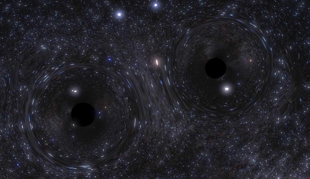 Recreación artística de un sistema binario de agujeros negros dentro de un cúmulo globular de estrellas.