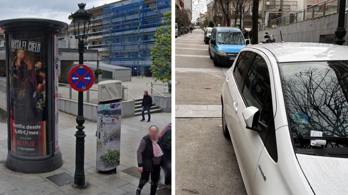 A la izquierda, una señal que prohíbe aparcar situada en el cruce entre la calles Ronda de Don Bosco y Eduardo Iglesias. A la derecha, un coche en la propia Ronda de Don Bosco con la multa colocada en su parabrisas.